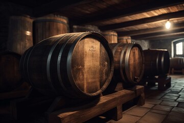 Closeup of large wooden wine casks in cellar. Generative AI
