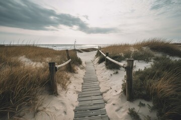 A trail leading to the shore in Wildwood, New Jersey. Generative AI - obrazy, fototapety, plakaty