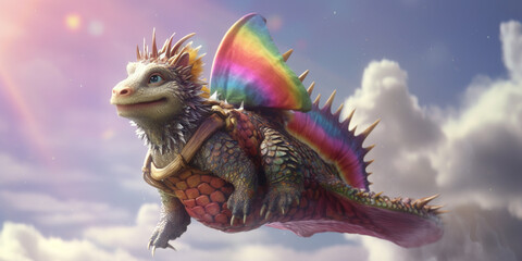 Obraz premium Cheerful rainbow dragon soaring above fluffy clouds with whimsical charm - AI generated