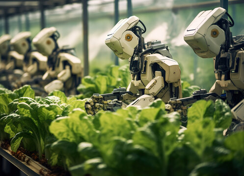 robot working in greenhouse and plants