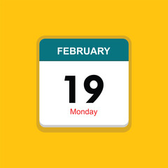 monday 19 february icon with yellow background, calender icon