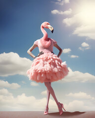 Female figure with a flamingo head fashionably dressed, summer tropical trends style. Pastel pink shades. 