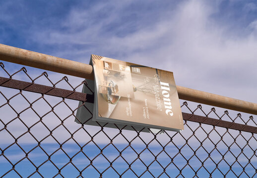 Mockup of vertical A4 magazine with customizable front cover hanging over top of metal fence