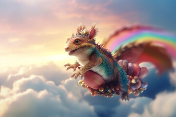 Cheerful rainbow dragon soaring above fluffy clouds with whimsical charm - AI generated
