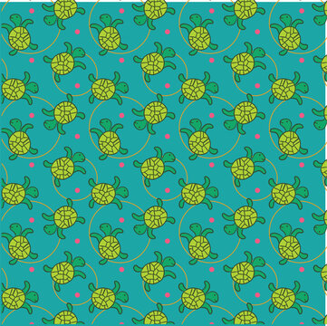 Exotic pattern with tropical turtles, seamless repeat vector 