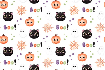 Afwasbaar Fotobehang Aquarel doodshoofd Halloween Background, Seamless Patterns, halloween, black cat, halloween pattern, cute background, pattern background, cute black cats