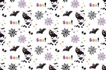 Fotobehang Aquarel doodshoofd Halloween Background, Seamless Patterns, halloween, black cat, halloween pattern, cute background, pattern background, cute black cats