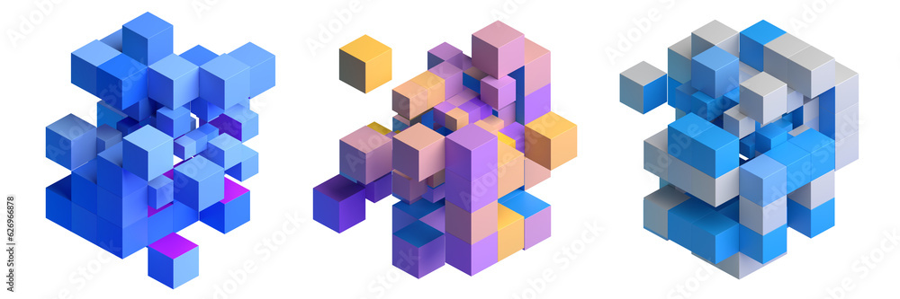 Poster set of geometric compositions with cubes, 3d render