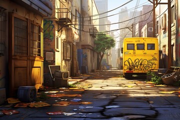 Yellow school bus. Ai art.  Urban backstreet