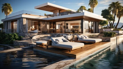 Design house - modern villa with open plan living and private bedroom wing. Large terrace with privacy and, swimming pool. Generative AI.