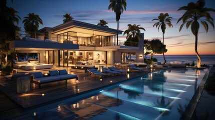 Fototapeta premium Design house - modern villa with open plan living and private bedroom wing. Large terrace with privacy and, swimming pool. Generative AI.