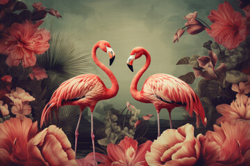 Image of Flamingo and tropical nature flower background. Generative ai. printed on Printed Glass Splashbacks