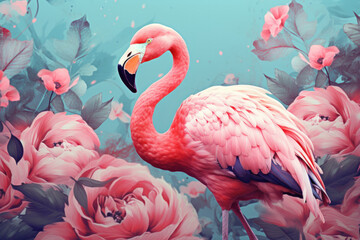 Flamingo and tropical nature flower background. Generative ai.