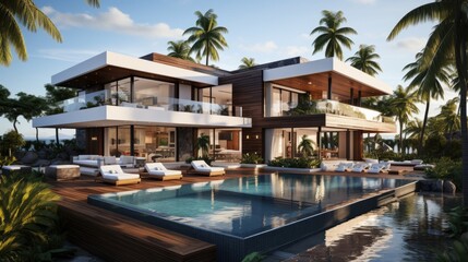 Design house - modern villa with open plan living and private bedroom wing. Large terrace with privacy and, swimming pool. Generative AI.