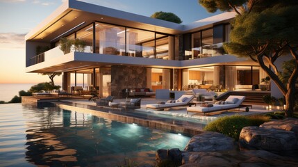 Obraz premium Design house - modern villa with open plan living and private bedroom wing. Large terrace with privacy and, swimming pool. Generative AI.