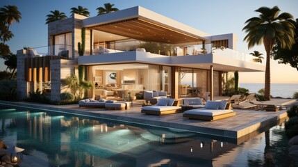 Fototapeta premium Design house - modern villa with open plan living and private bedroom wing. Large terrace with privacy and, swimming pool. Generative AI.