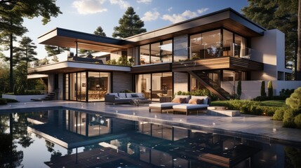 Fototapeta premium Design house - modern villa with open plan living and private bedroom wing. Large terrace with privacy and, swimming pool. Generative AI.
