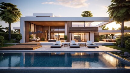 Design house - modern villa with open plan living and private bedroom wing. Large terrace with privacy and, swimming pool. Generative AI.