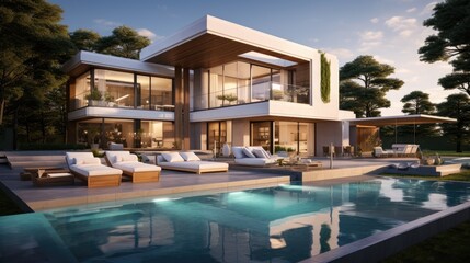 Fototapeta premium Design house - modern villa with open plan living and private bedroom wing. Large terrace with privacy and, swimming pool. Generative AI.