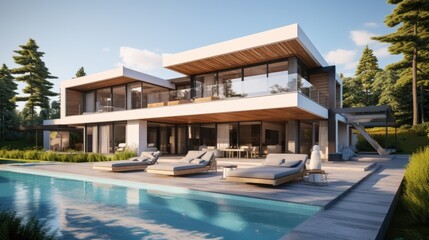 Fototapeta premium Design house - modern villa with open plan living and private bedroom wing. Large terrace with privacy and, swimming pool. Generative AI.