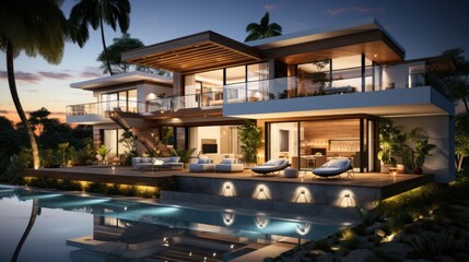Fototapeta premium Design house - modern villa with open plan living and private bedroom wing. Large terrace with privacy and, swimming pool. Generative AI.