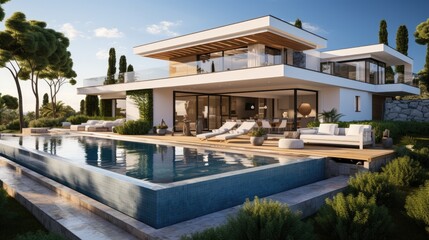 Fototapeta premium Design house - modern villa with open plan living and private bedroom wing. Large terrace with privacy and, swimming pool. Generative AI.