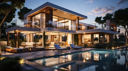 Design house - modern villa with open plan living and private bedroom wing. Large terrace with privacy and, swimming pool. Generative AI.