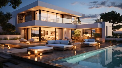 Fototapeta premium Design house - modern villa with open plan living and private bedroom wing. Large terrace with privacy and, swimming pool. Generative AI.