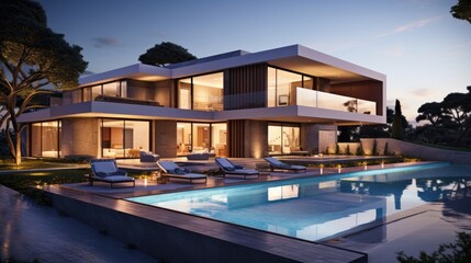 Fototapeta premium Design house - modern villa with open plan living and private bedroom wing. Large terrace with privacy and, swimming pool. Generative AI.
