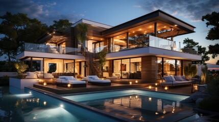 Design house - modern villa with open plan living and private bedroom wing. Large terrace with privacy and, swimming pool. Generative AI.