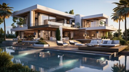 Fototapeta premium Design house - modern villa with open plan living and private bedroom wing. Large terrace with privacy and, swimming pool. Generative AI.