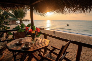 Stunning landscape, terrace by the beach at sunrise, Tropical resort hotel, Luxury travel vacation
