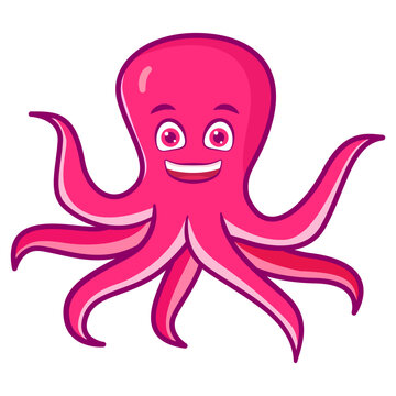 Smiling octopus mascot. Cute happy character.Animal kawaii.Cartoon octopus. Funny ocean animal.Aquatic fauna. Animal icon for zoo ad.Children book illustrating.Sea mollusk.