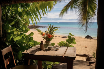 Fototapeta premium Stunning landscape, terrace by the beach during the day, Tropical resort hotel, Luxury travel vacation