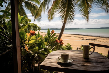 Fototapeta premium Stunning landscape, terrace by the beach during the day, Tropical resort hotel, Luxury travel vacation