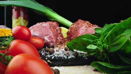Chef applying grained salt on raw piece of steak. Cooker preparing meat on professional kitchen table with various vegetables 4k footage