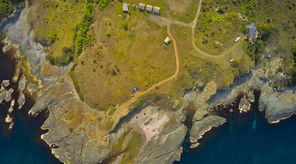 Southern coast of the Black Sea in Bulgaria from above. Drone photo. Top view of the sea and beaches
