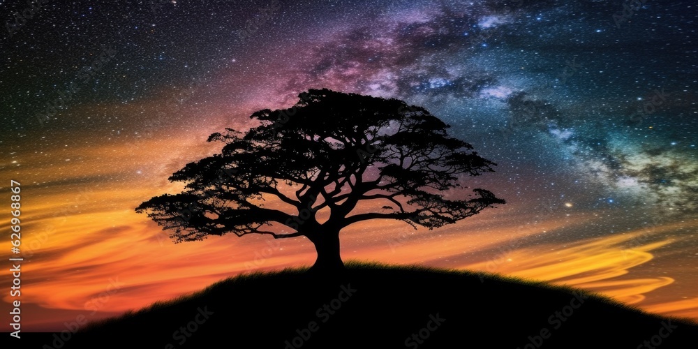 Poster tree silhouette on a hill with colorful swirling galaxy in the sky. generative ai aig27.