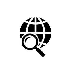 magnifier and globe icon in black on a white background, search for a place on a map or on the globe - obrazy, fototapety, plakaty