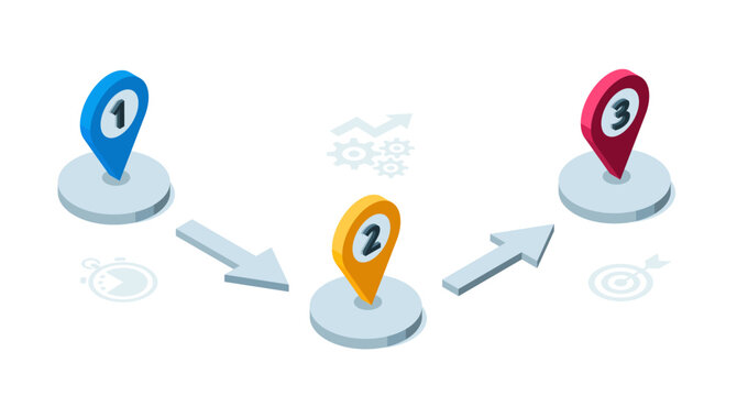 location isometric icons with arrows and numbers on white background, diagram or business plan, set for infographics