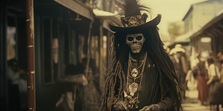 A portrait of a man dressed as a scary voodoo priest. Halloween and voodoo fashion. Generative AI.