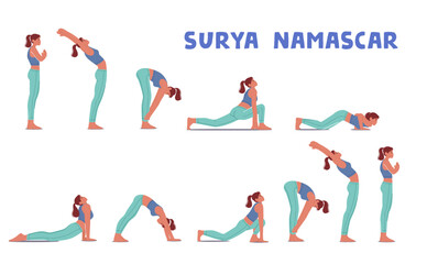 Female Character Doing Surya Namaskar Yoga, Including Forward Folds, Lunges, And Downward Dog Poses, Vector Illustration