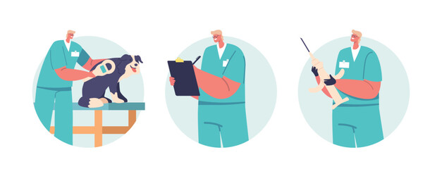Isolated Round Icons Or Avatars With Veterinarian Doctors Provide Dog Chipping, Process Of Implanting Microchip