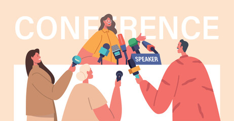 Journalist Interviewing Female Speaker during Briefing or Press Conference. Woman Speak to Reporter Characters