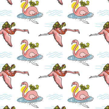 Cartoon character repeat pattern design with flamingos and turtles, kids fabric, textile seamless vector 