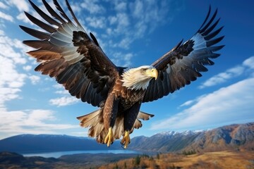 An eagle winged bird spreading its wings in motion, flying over the blue sky looking majestic.