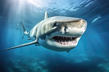 A great white shark with sharp teeth in motion is swimming in the ocean hunting for prey.