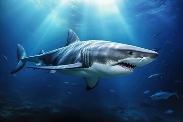 Obraz premium A great white shark with sharp teeth in motion is swimming in the ocean hunting for prey.