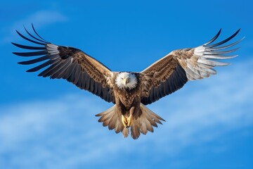 An eagle winged bird spreading its wings in motion, flying over the blue sky looking majestic.