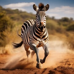Obraz premium a zebra running on a dirt road in the wild
